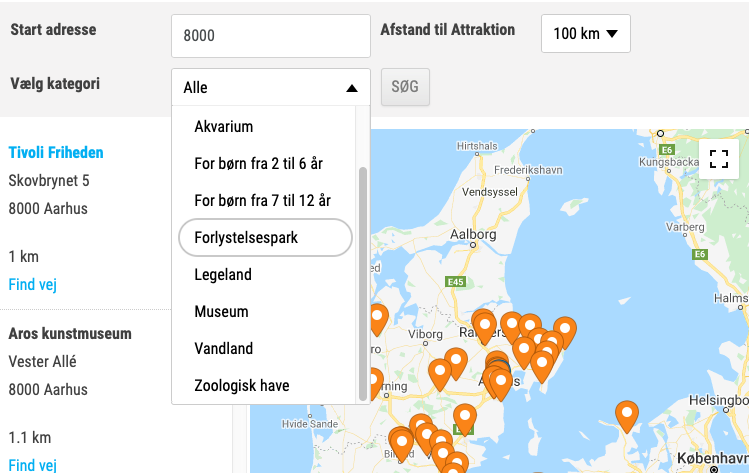 Kort over forlystelser og attraktioner i Danmark